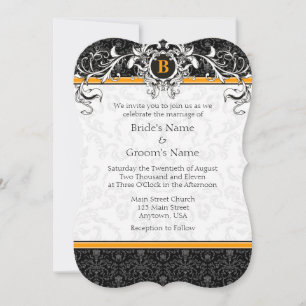 A7 Orange & Black Damask Monogram Wedding Invites