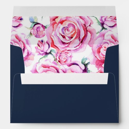 A7 Pink Navy Blue Roses Wedding Return Address Envelope