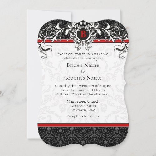 A7 Red Black Damask Monogram Wedding Invitations