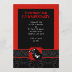 A7 Red & Black Raven Damask Halloween Invitations
