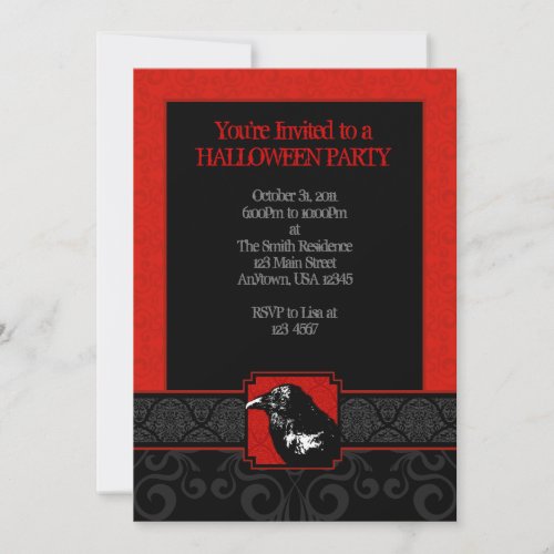 A7 Red &amp; Black Raven Damask Halloween Invitations