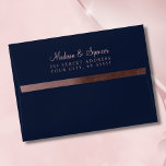 A7 Rose Gold Foil Return Address Wedding Mailing Envelope<br><div class="desc">A navy blue 5x7 envelope with a faux rose gold foil Lining Inside. This elegant and sparkly metallic pink rose gold classic blue all purpose envelope is a classy way to send invitations. You can customize and personalize your name and address on the back flap. Great for special occasion invites,...</div>
