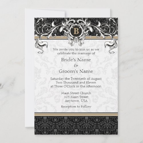 A7 Tan &amp; Black Damask Monogram Wedding Invites