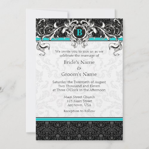 A7 Turquoise Black Damask Monogram Wedding Invite