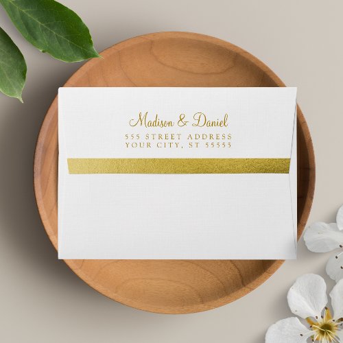 A7 White Gold Foil Return Address Wedding Mailing Envelope