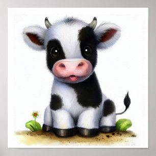A 3D Watercolor Image of a Young Holstein Cow Poster