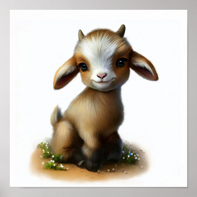 A 3D Watercolor Painting of a Cute Goat Poster (Front)