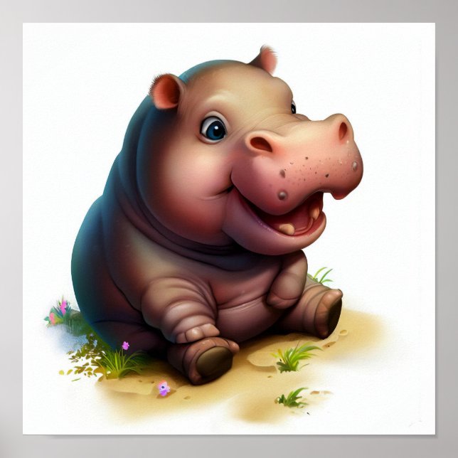 A 3D Watercolor Painting of a Cute Hippopotamus Poster (Front)