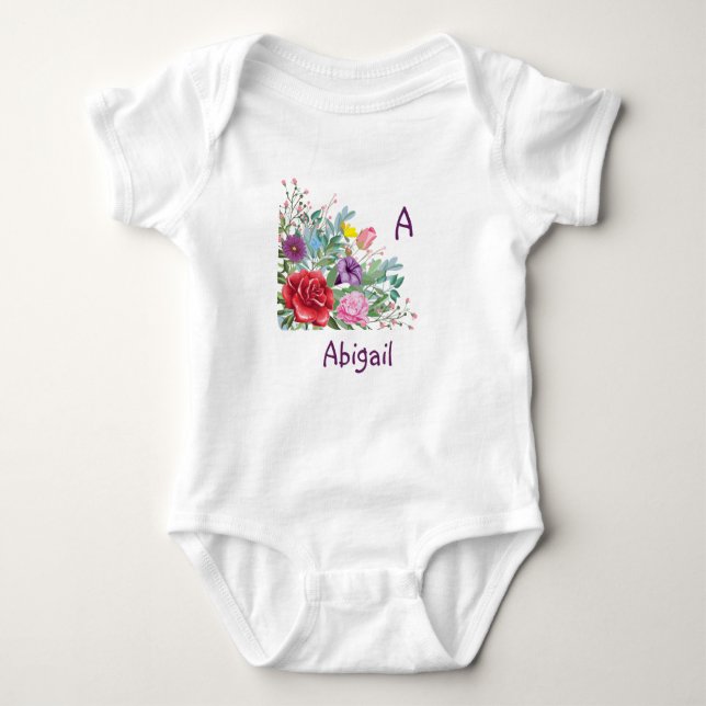 A Abigail Personalize Letter Name, Rose Flowers Baby Bodysuit (Front)