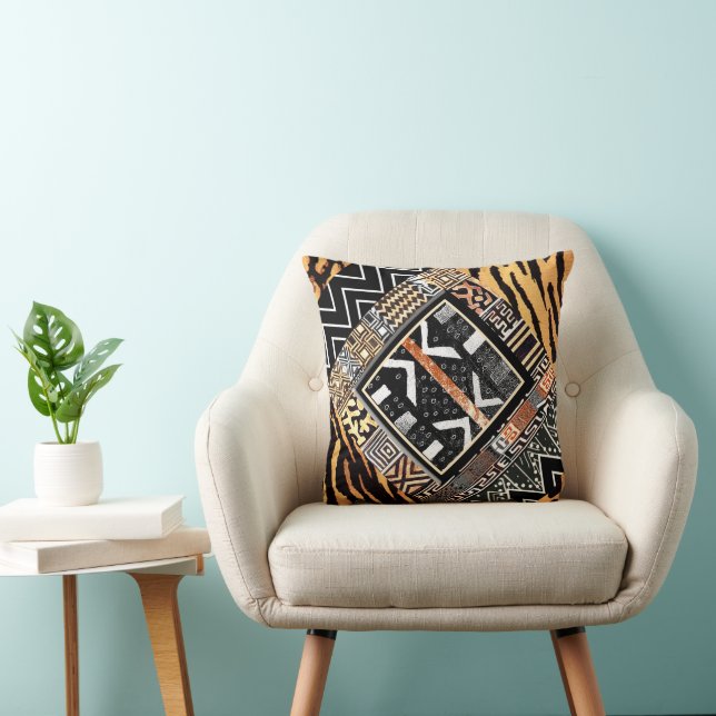 A African Graphic Collage Motif Throw Pillow (Chair)