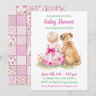 A Baby and Her Dog | Girl's Pink Baby Shower Invitation
