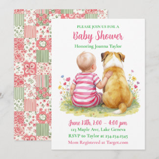 A Baby and Her Dog | Girl's Pink Baby Shower Invitation