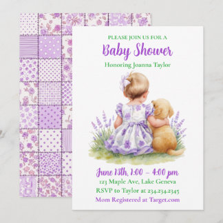 A Baby and Her Dog | Girl's Purple Baby Shower Invitation