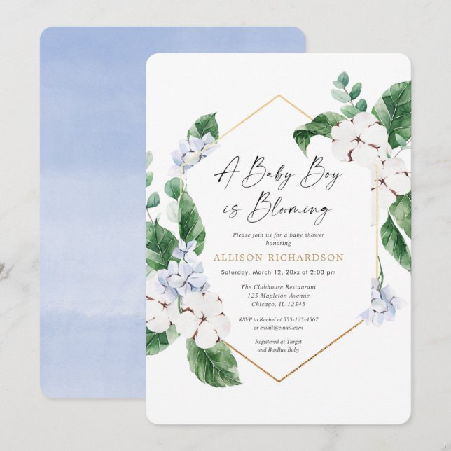 A baby boy is blooming blue white spring floral invitation (Front/Back)