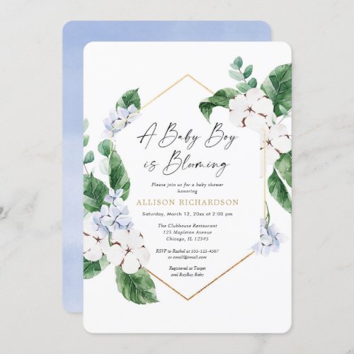 A baby boy is blooming blue white spring floral invitation