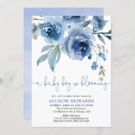 A baby boy is blooming navy blue baby shower invitation