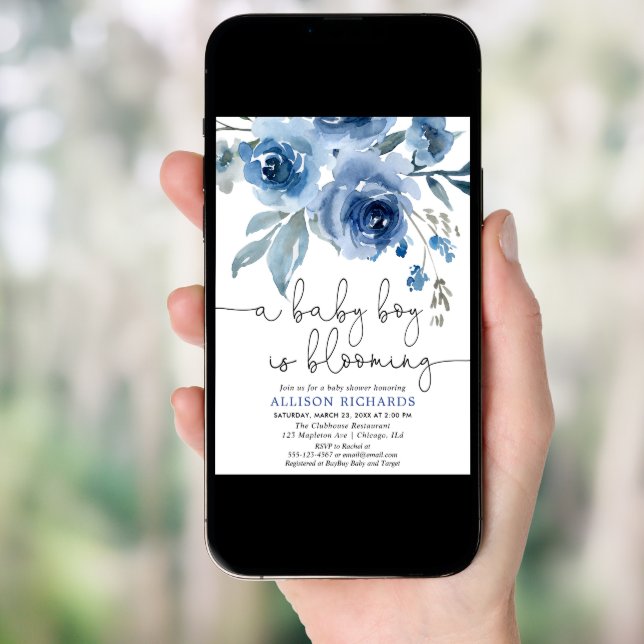 A baby boy is blooming navy blue baby shower invitation (Front Digital)