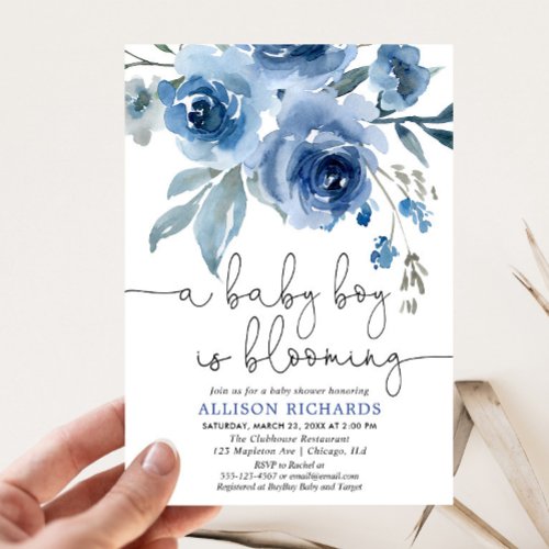 A baby boy is blooming navy blue baby shower invitation