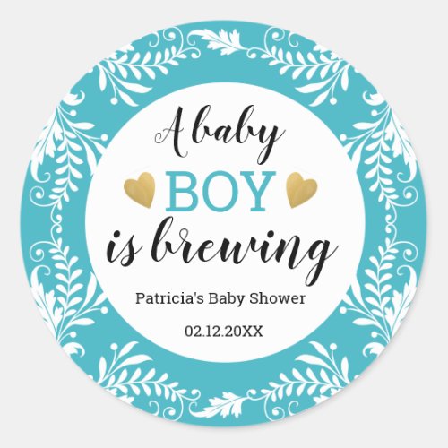 A Baby Boy Is Brewing Baby Shower  Blue And White Classic Round Sticker