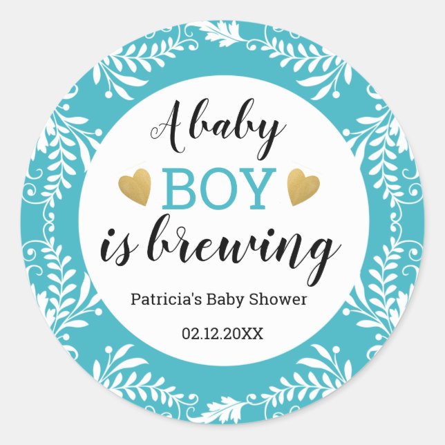 A Baby Boy Is Brewing Baby Shower  Blue And White Classic Round Sticker (Front)