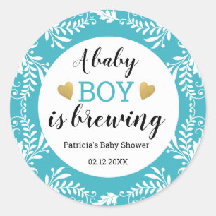 A Baby Boy Is Brewing Baby Shower Blue And White Classic Round Sticker