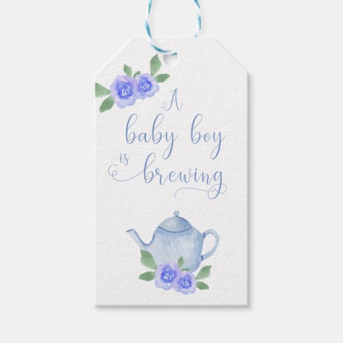 A Baby Boy is Brewing Blue Teapot and Flowers Gift Tags