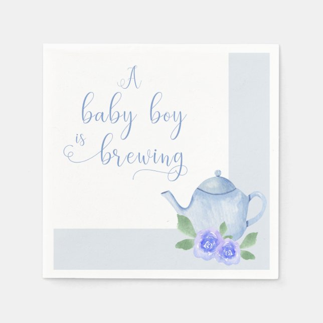 A Baby Boy is Brewing Blue Teapot Baby Shower Napkins (Front)