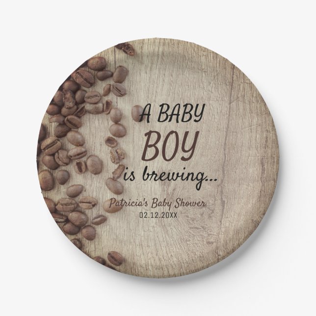 A Baby Boy Is Brewing Rustic Coffee Baby Shower Paper Plates (Front)