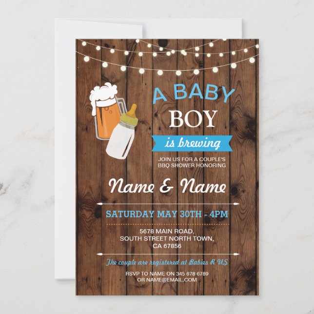 A Baby Boy is Brewing Shower Beers BBQ Wood Invite (Front)
