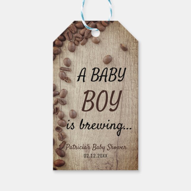 A Baby Boy Is Brewing Wood & Coffee Baby Shower Gift Tags (Front)