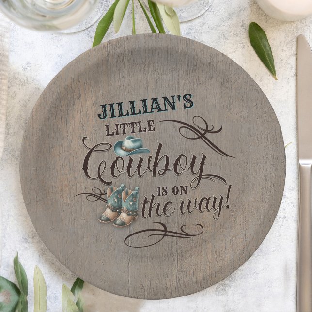 A Baby Cowboy is on the Way Baby Shower  Paper Plates (Wild West Rustic Cowboy Baby Shower Paper Plate)