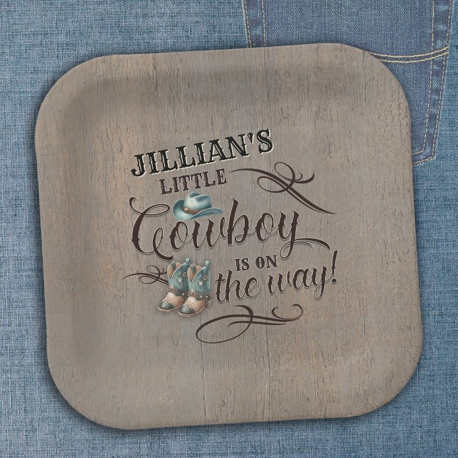 A Baby Cowboy is on the Way Baby Shower  Paper Plates (Add Custom Name Wild West Rustic Cowboy Baby Shower Paper Plate)