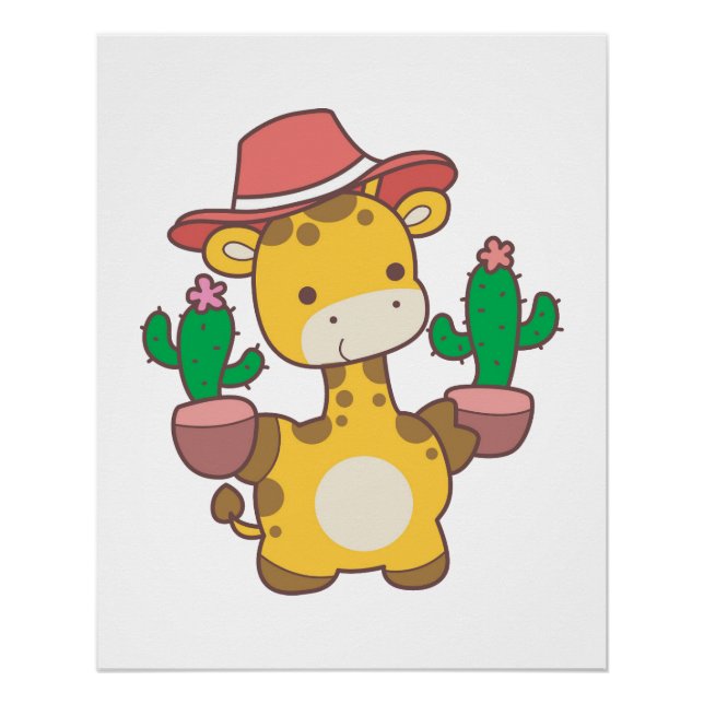 A baby giraffe plant the cactus.  poster (Front)