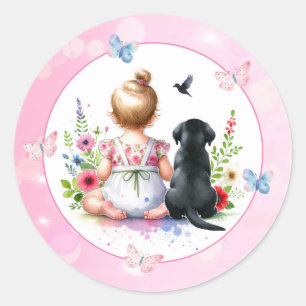A Baby Girl and her Puppy Baby Shower Classic Round Sticker