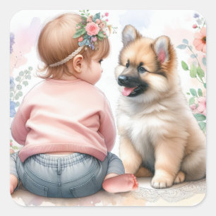 A Baby Girl and her Puppy Pink Baby Shower Square Sticker
