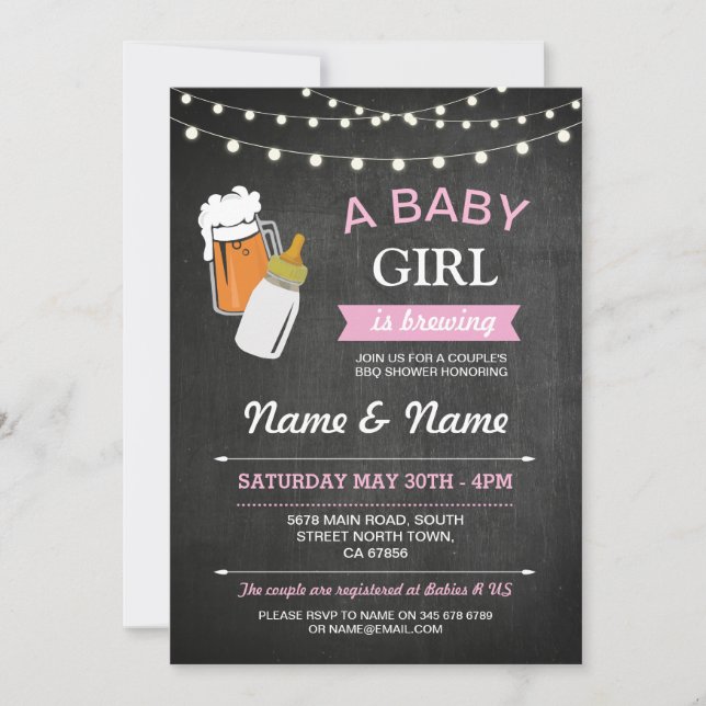 A Baby Girl Brewing Shower Beers Pink Chalk Invite (Front)
