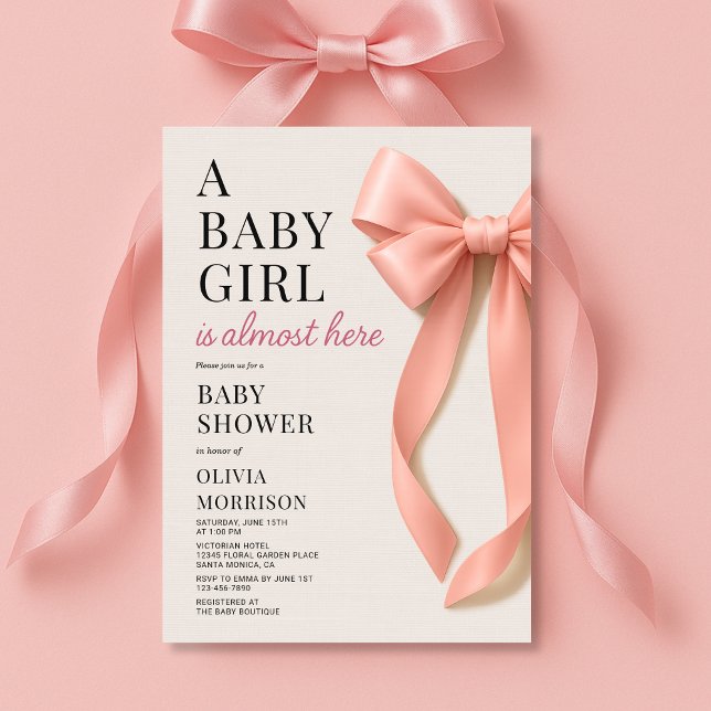 A Baby Girl is Almost Here Pink Bow Baby Shower Invitation (Creator Uploaded)