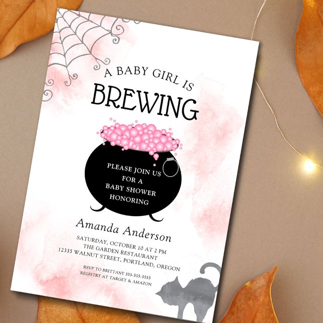 A Baby Girl is Brewing Halloween Baby Shower Invitation (A perfect invitation for a fall Halloween baby shower.)