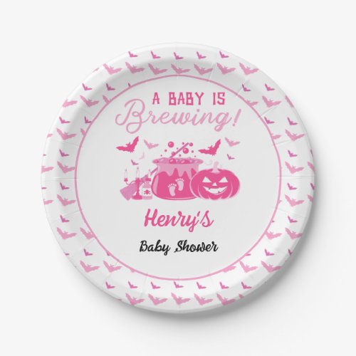 A Baby Girl Is Brewing Pink Halloween Baby Shower Paper Plates