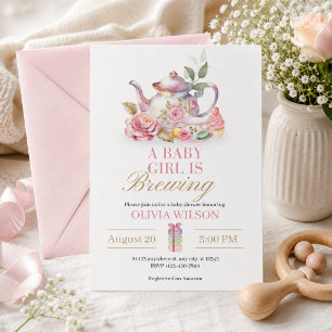A Baby Girl Is Brewing – Pink Tea Party Baby Showe Invitation