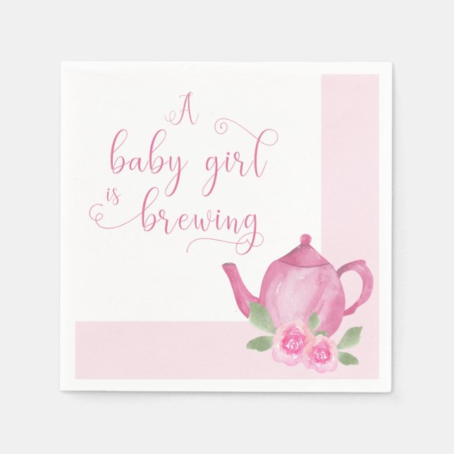 A Baby Girl is Brewing Pink Teapot Baby Shower Napkins (Front)