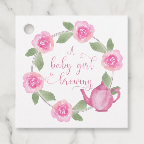 A Baby Girl is Brewing Pink Teapot Floral Wreath Favor Tags