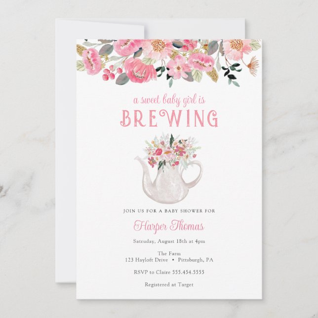 A Baby Girl is Brewing Tea Baby Shower Invitation (Front)