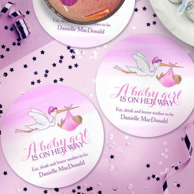 A baby girl is on her way stork pink  round paper coaster (Creator Uploaded)