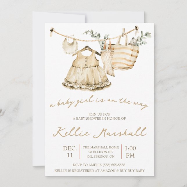 A Baby Girl is on the Way! Clothesline Baby Shower Invitation (Front)