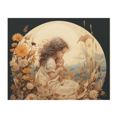 a baby girl sitting on flowers in th WOOD WALL ART