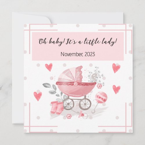A baby girl stroller  hearts with lovely message invitation
