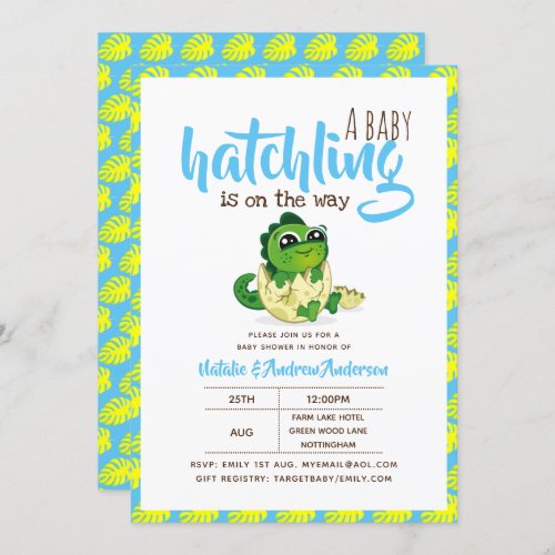 A Baby Hatchling Is On The Way Dinosaur Cute Blue Invitation