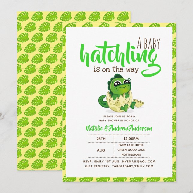 A Baby Hatchling Is On The Way Dinosaur Cute Green Invitation (Front/Back)