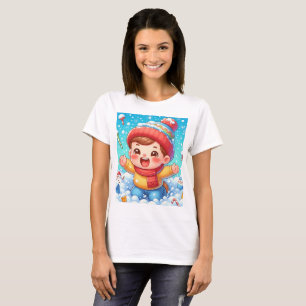 a baby in a snow storm with a snowman in the backg T-Shirt